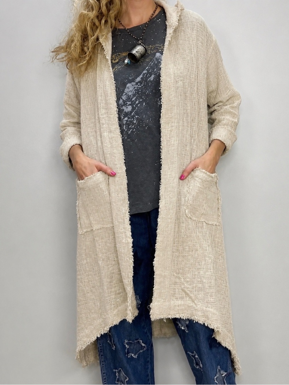 Cream Open-Front Hooded Longline Sweater Cardigan